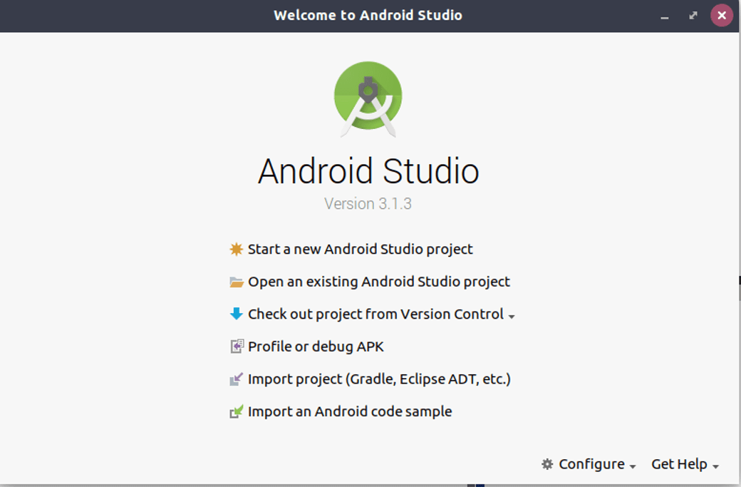 Android Studio start page
