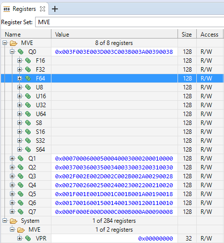 Arm DS debugger register view