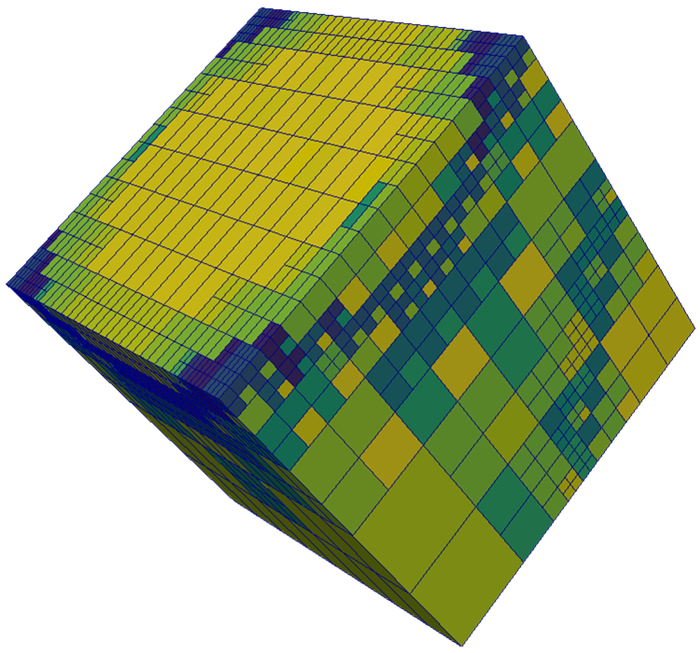 A representation of a physical 3D space with different levels of mesh refinement.